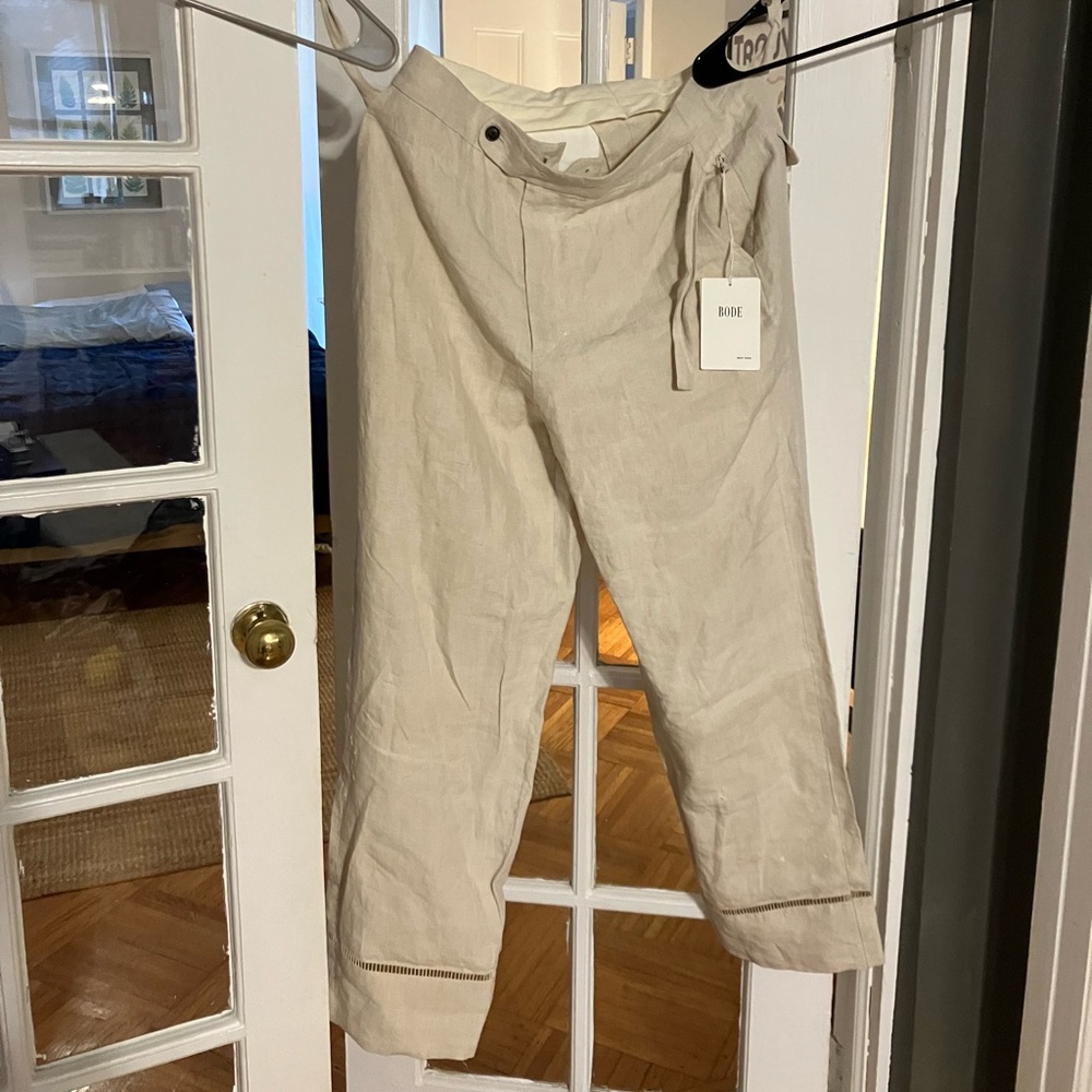 BODE New York handmade linen trousers with BEAUTIFUL hand embroidered details